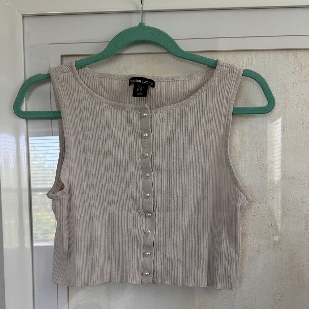 Christian Lacroix Cream cropped Ribbed Pearl-Button Tank Top -size M